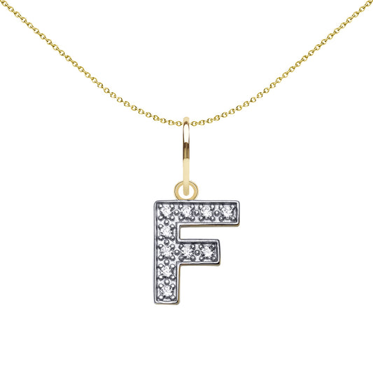 9ct 2-Colour Gold  CZ 10mm Block Font Initial Pendant Letter F - JIN021-F