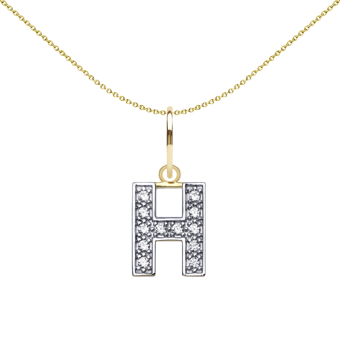 9ct 2-Colour Gold  CZ 10mm Block Font Initial Pendant Letter H - JIN021-H