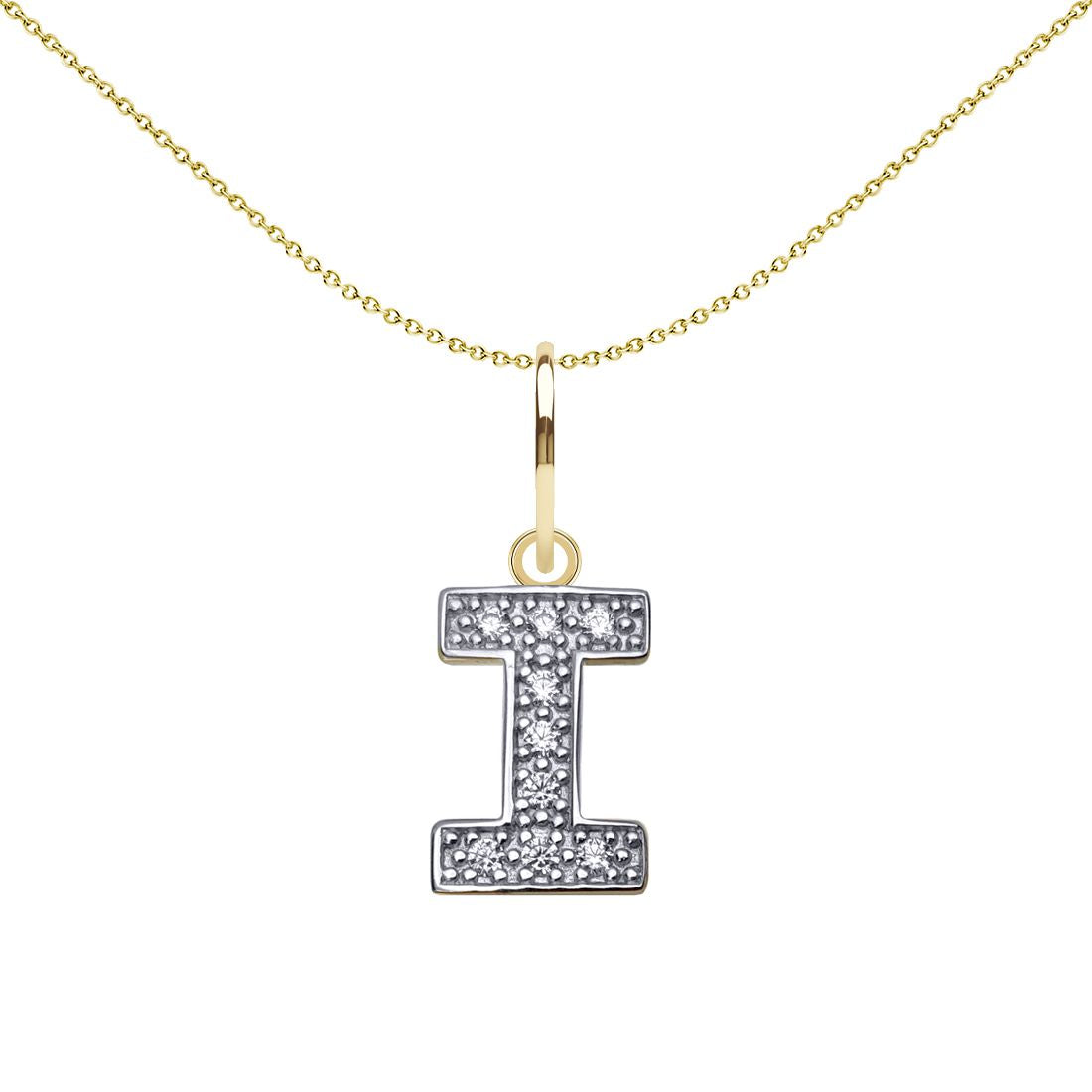 9ct 2-Colour Gold  CZ 10mm Block Font Initial Pendant Letter I - JIN021-I