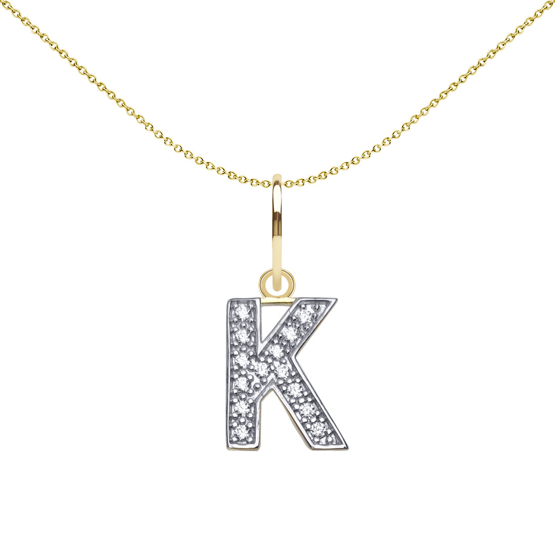 9ct 2-Colour Gold  CZ 10mm Block Font Initial Pendant Letter K - JIN021-K