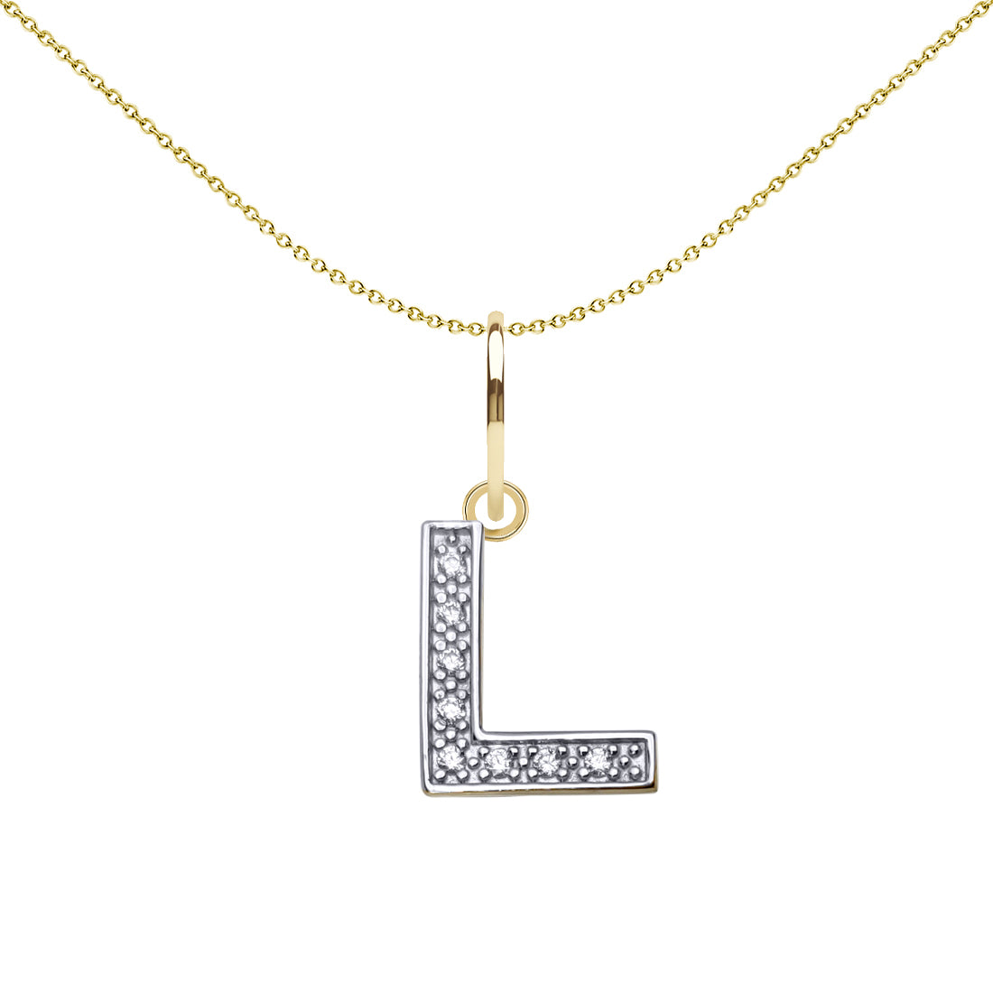 9ct 2-Colour Gold  CZ 10mm Block Font Initial Pendant Letter L - JIN021-L