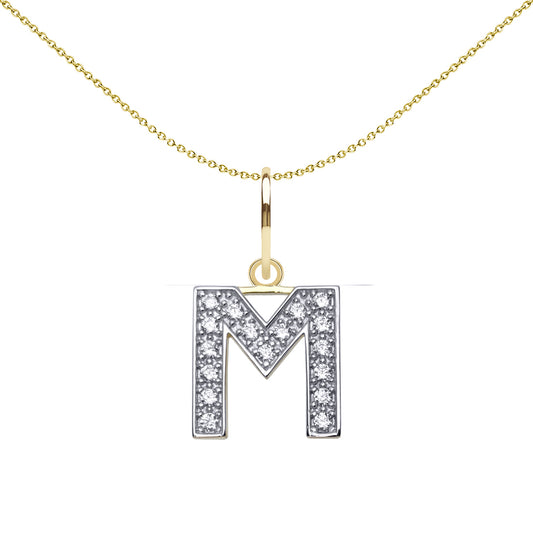 9ct 2-Colour Gold  CZ 10mm Block Font Initial Pendant Letter M - JIN021-M