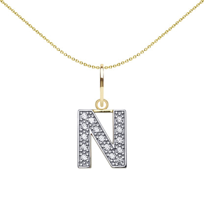 9ct 2-Colour Gold  CZ 10mm Block Font Initial Pendant Letter N - JIN021-N