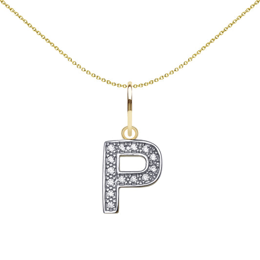 9ct 2-Colour Gold  CZ 10mm Block Font Initial Pendant Letter P - JIN021-P