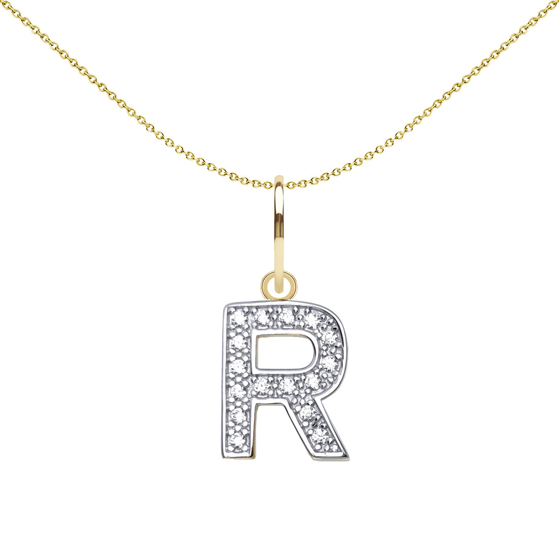 9ct 2-Colour Gold  CZ 10mm Block Font Initial Pendant Letter R - JIN021-R