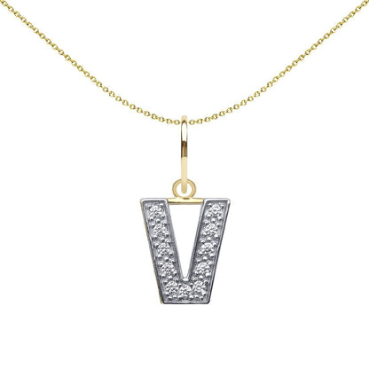 9ct 2-Colour Gold  CZ 10mm Block Font Initial Pendant Letter V - JIN021-V
