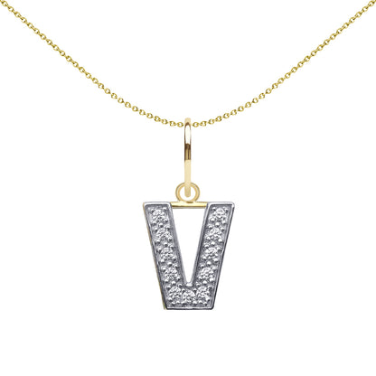 9ct 2-Colour Gold  CZ 10mm Block Font Initial Pendant Letter V - JIN021-V