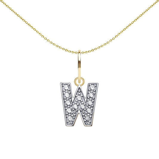 9ct 2-Colour Gold  CZ 10mm Block Font Initial Pendant Letter W - JIN021-W