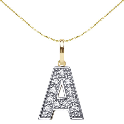 9ct 2-Colour Gold  CZ 15mm Block Font Initial Pendant Letter A - JIN022-A