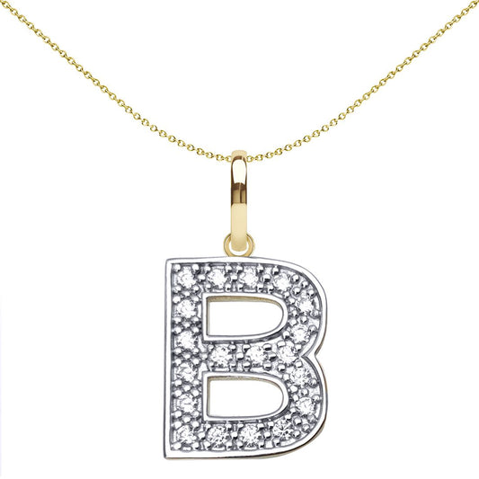 9ct 2-Colour Gold  CZ 15mm Block Font Initial Pendant Letter B - JIN022-B