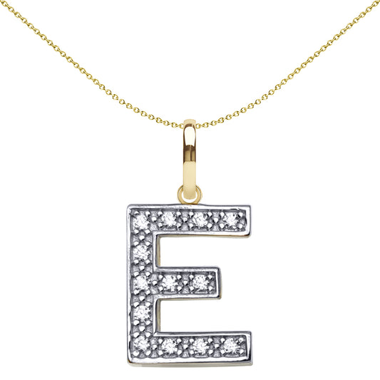 9ct 2-Colour Gold  CZ 15mm Block Font Initial Pendant Letter E - JIN022-E