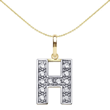 9ct 2-Colour Gold  CZ 15mm Block Font Initial Pendant Letter H - JIN022-H