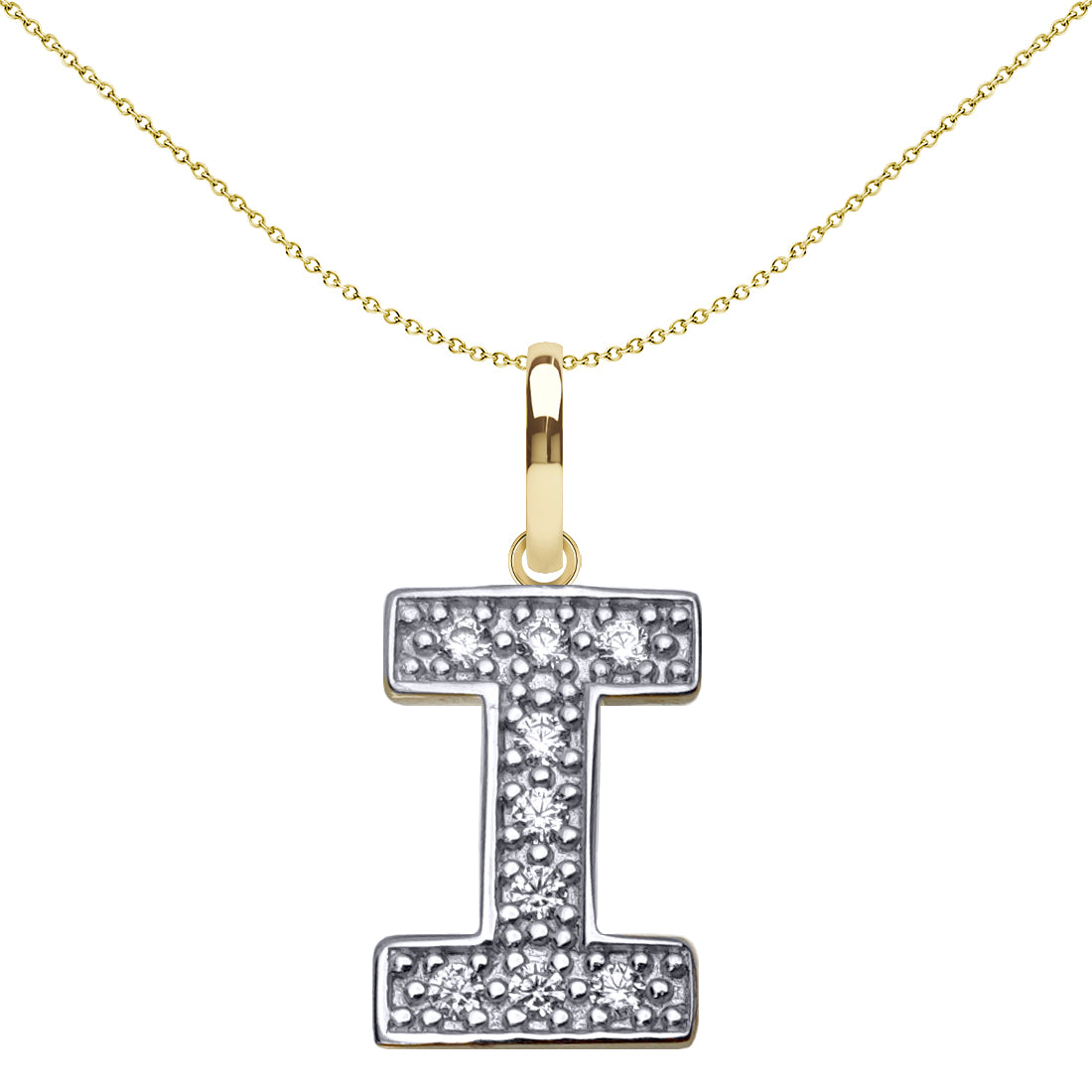 9ct 2-Colour Gold  CZ 15mm Block Font Initial Pendant Letter I - JIN022-I