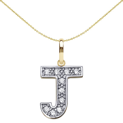 9ct 2-Colour Gold  CZ 15mm Block Font Initial Pendant Letter J - JIN022-J