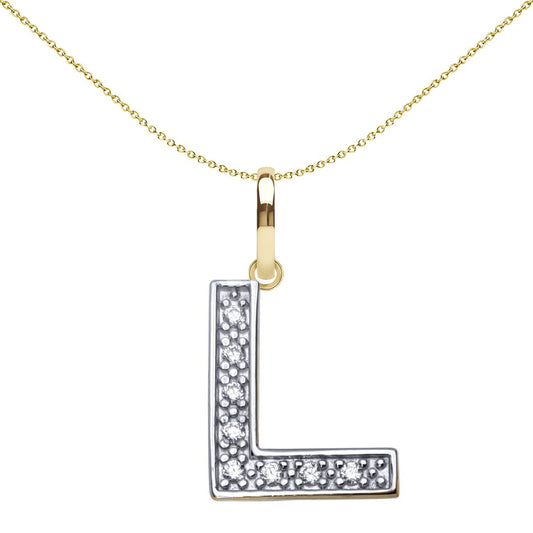9ct 2-Colour Gold  CZ 15mm Block Font Initial Pendant Letter L - JIN022-L