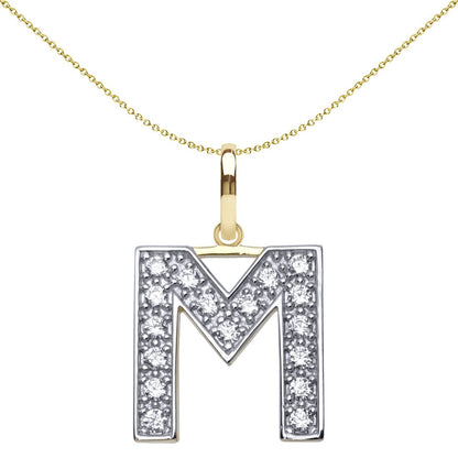 9ct 2-Colour Gold  CZ 15mm Block Font Initial Pendant Letter M - JIN022-M