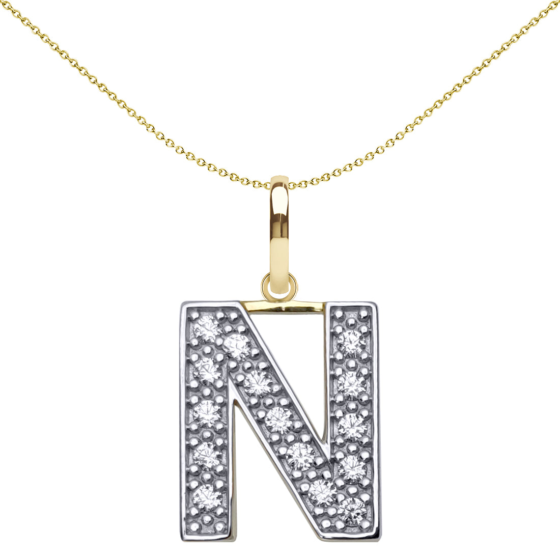 9ct 2-Colour Gold  CZ 15mm Block Font Initial Pendant Letter N - JIN022-N