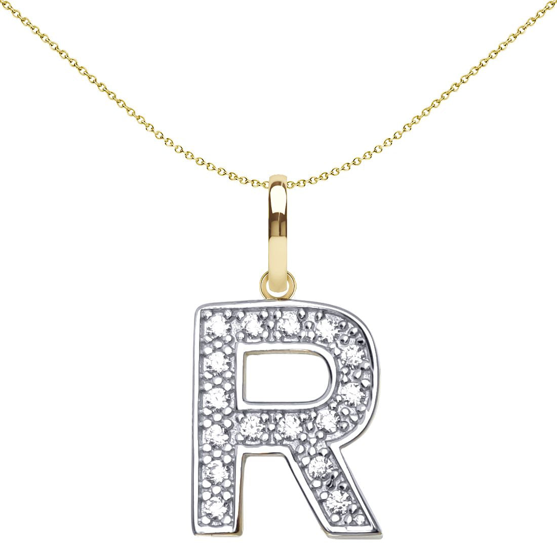9ct 2-Colour Gold  CZ 15mm Block Font Initial Pendant Letter R - JIN022-R