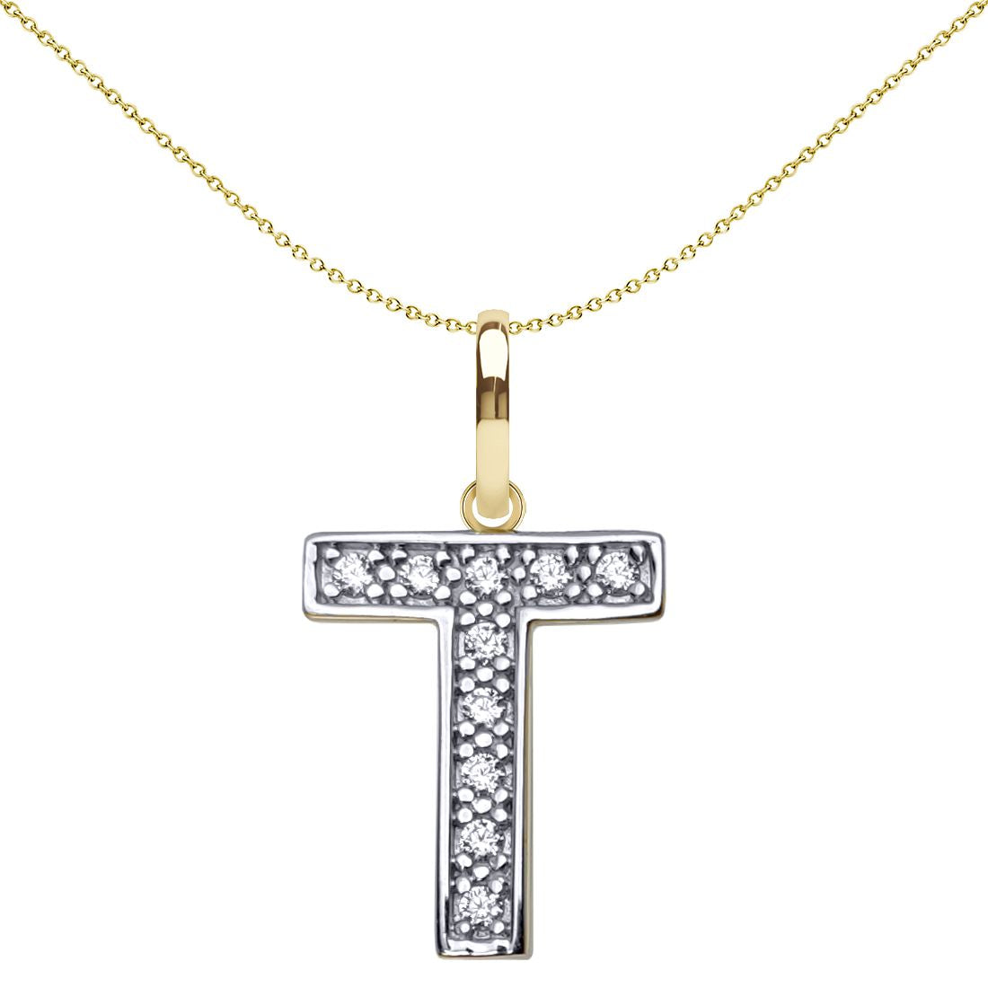 9ct 2-Colour Gold  CZ 15mm Block Font Initial Pendant Letter T - JIN022-T