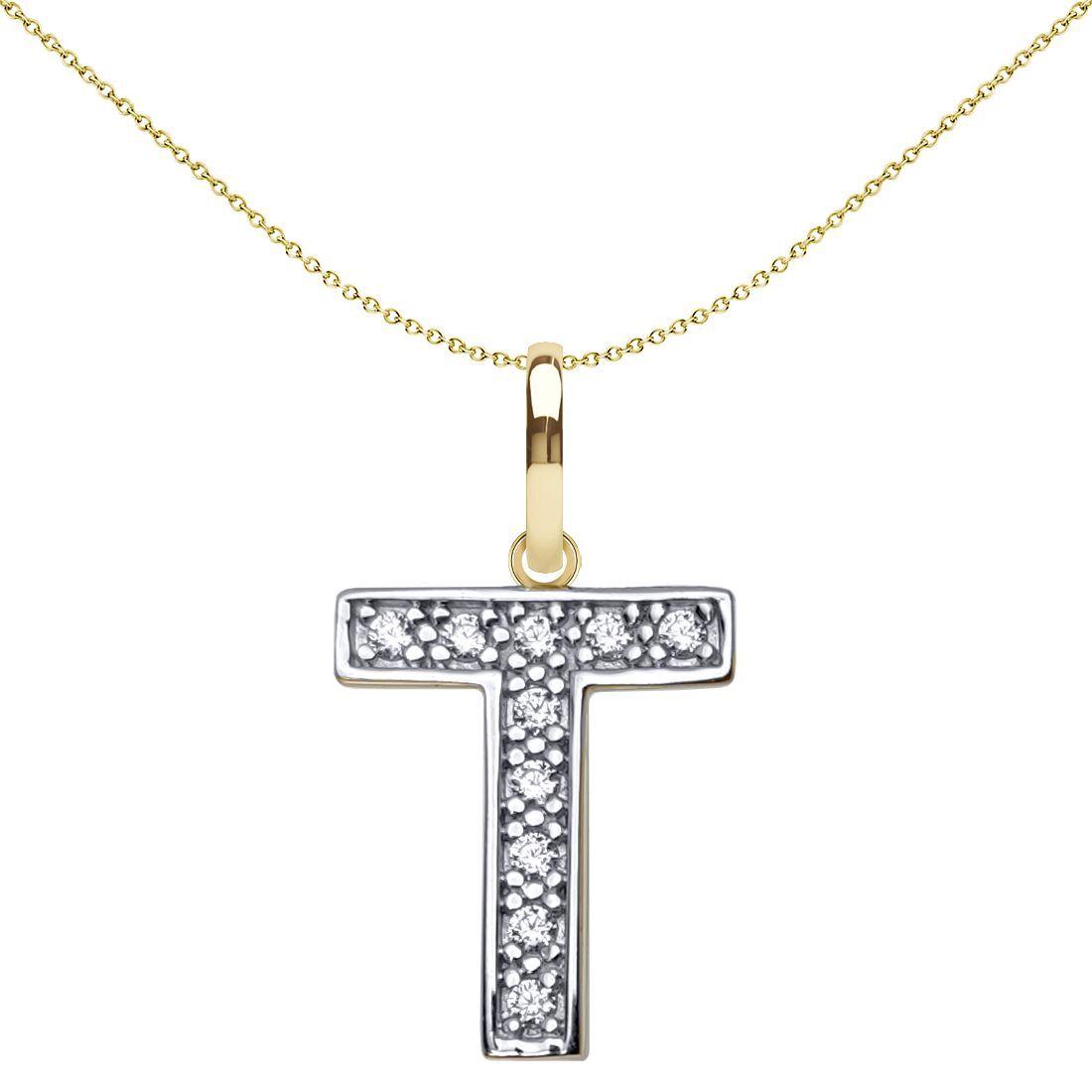 9ct 2-Colour Gold  CZ 15mm Block Font Initial Pendant Letter T - JIN022-T