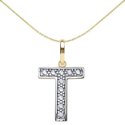 9ct 2-Colour Gold  CZ 15mm Block Font Initial Pendant Letter T - JIN022-T