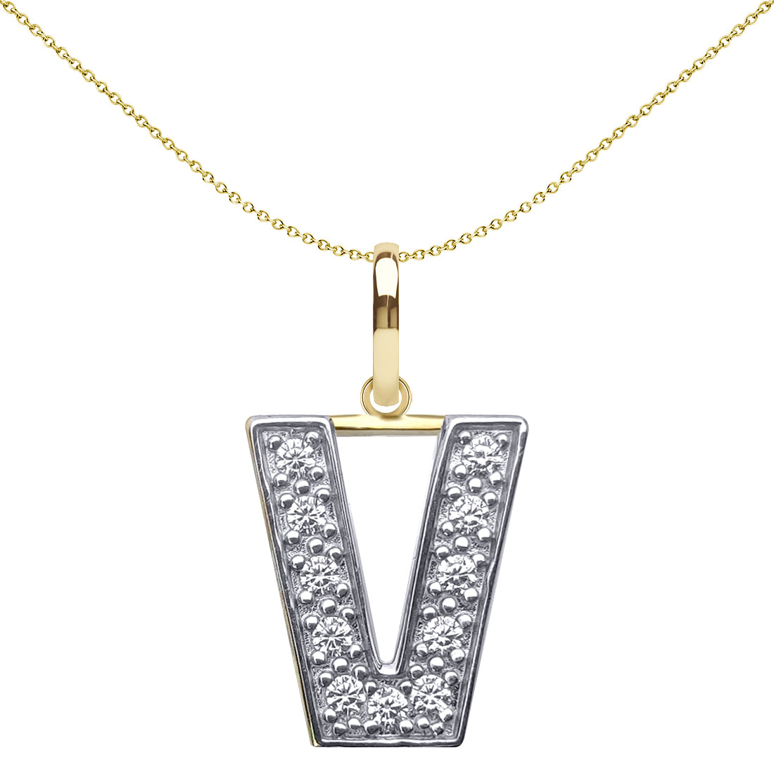 9ct 2-Colour Gold  CZ 15mm Block Font Initial Pendant Letter V - JIN022-V