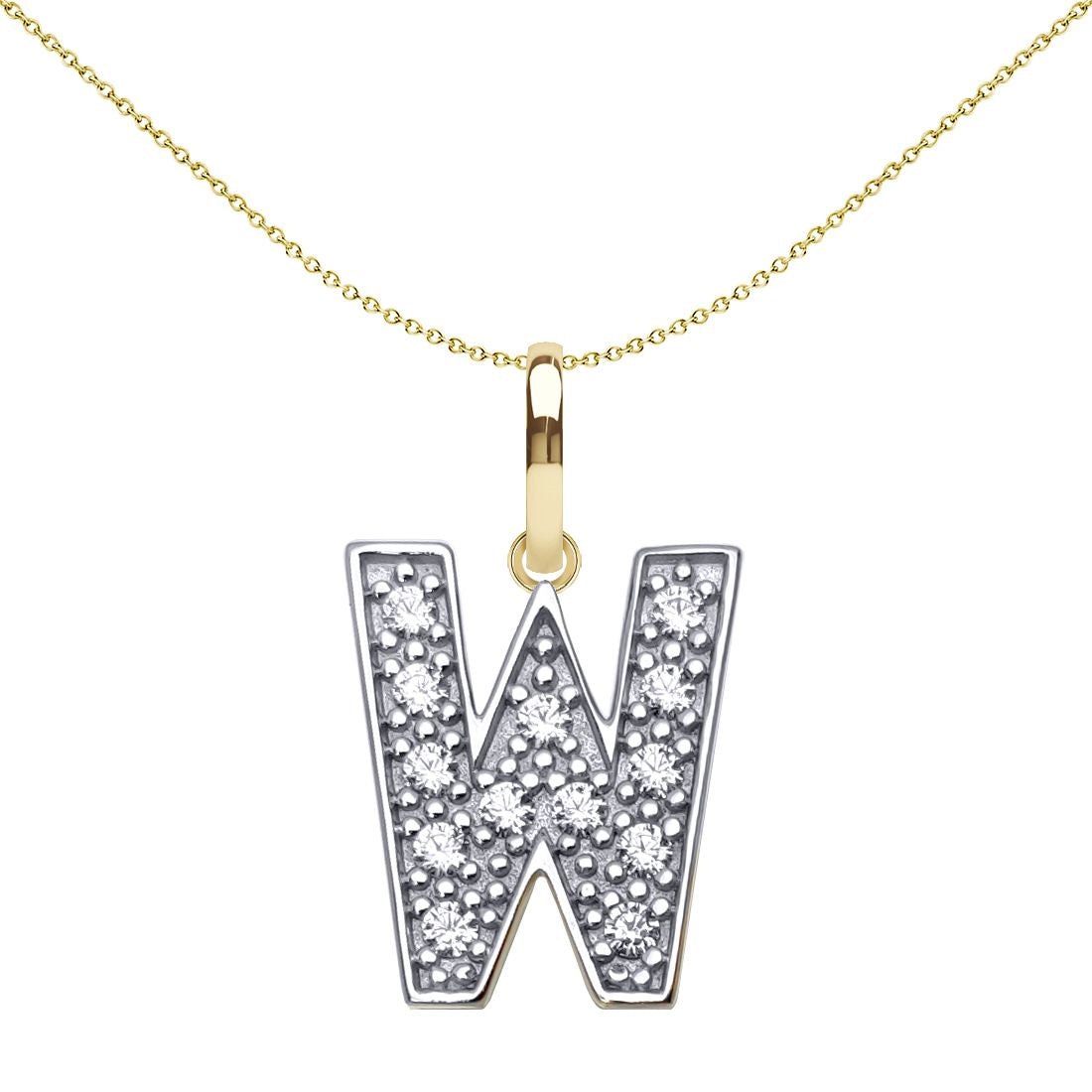 9ct 2-Colour Gold  CZ 15mm Block Font Initial Pendant Letter W - JIN022-W