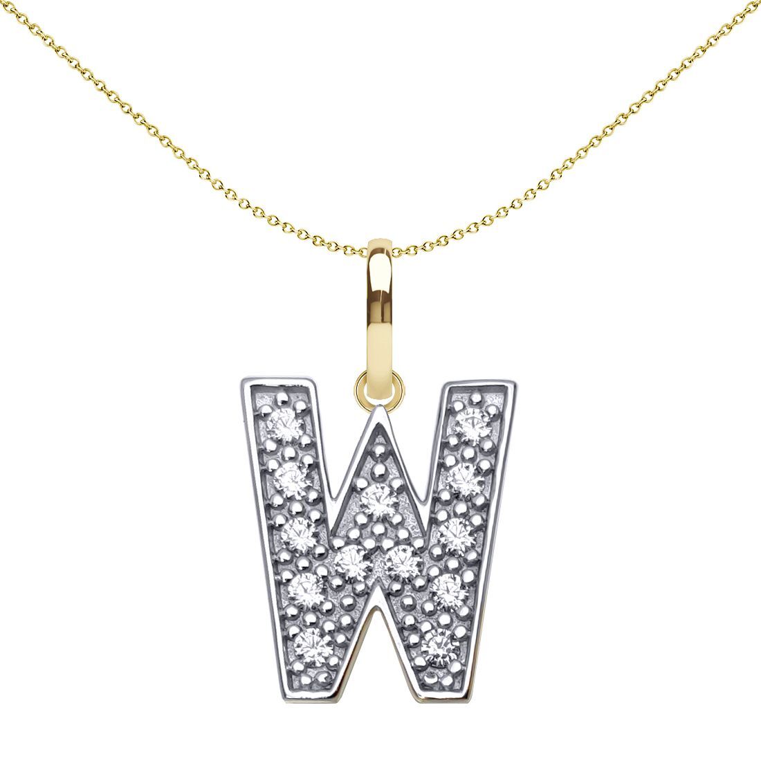 9ct 2-Colour Gold  CZ 15mm Block Font Initial Pendant Letter W - JIN022-W