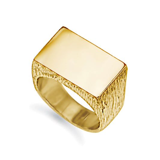 Mens 9ct Gold  Engravable Barked Initial Blank Plate Signet Ring - JIR009