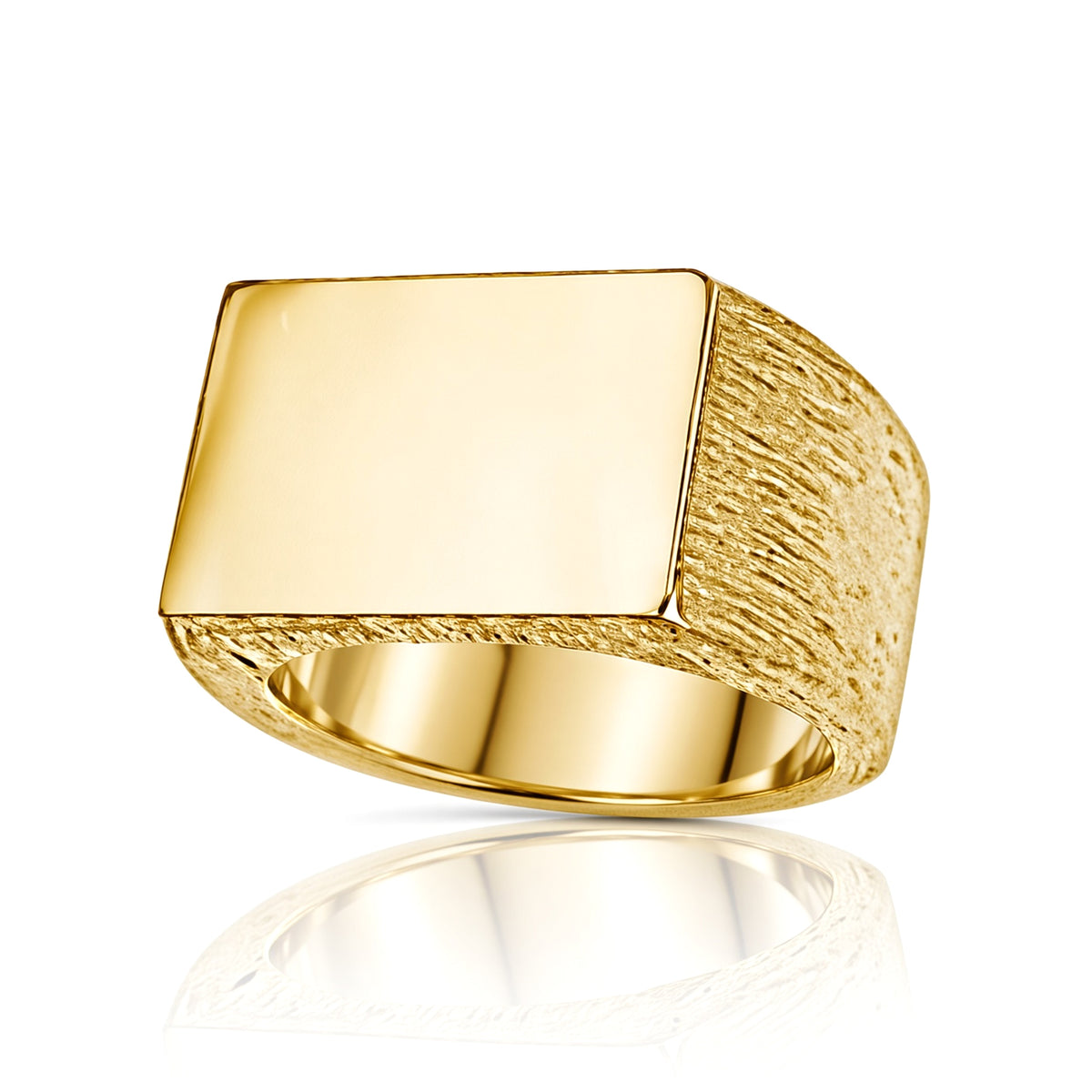 Mens 9ct Gold  Engravable Barked Initial Blank Plate Signet Ring - JIR010