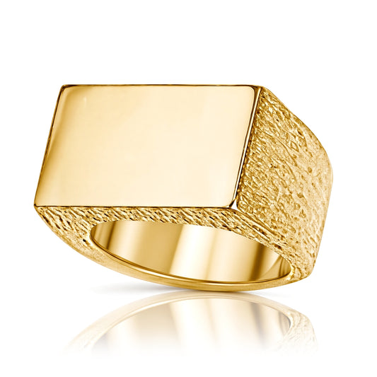 Mens 9ct Gold  Engravable Barked Initial Blank Plate Signet Ring - JIR011