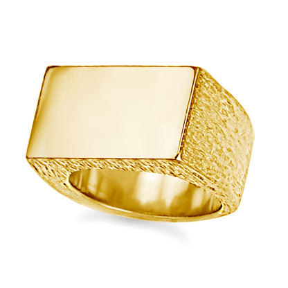 Mens 9ct Gold  Engravable Barked Initial Blank Plate Signet Ring - JIR011