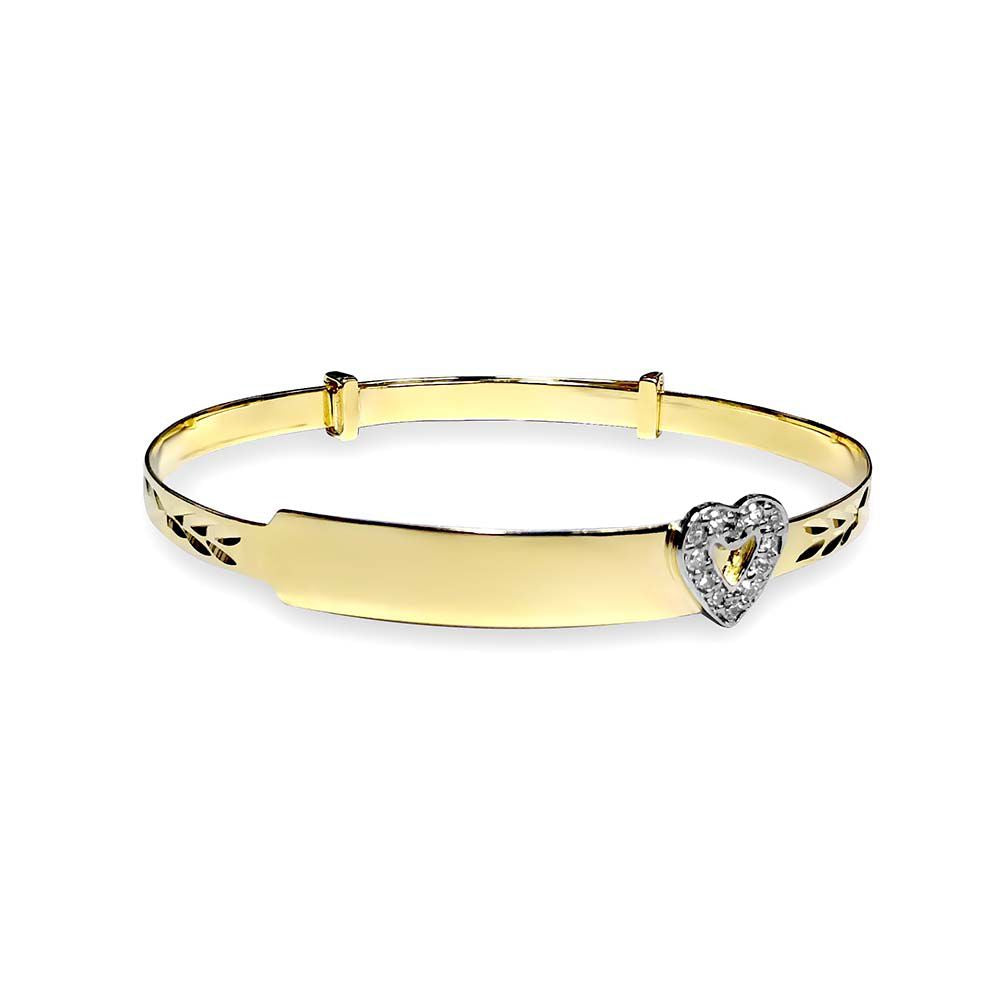 9ct Gold  CZ Heart ID Expanding Baby Bangle Bracelet 3mm - JKB053