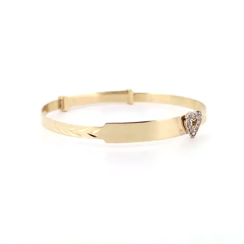 9ct Gold  CZ Heart ID Expanding Baby Bangle Bracelet 3mm - JKB053