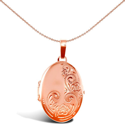Ladies 9ct Rose Gold  Floral Engraved Oval Locket Pendant - JLC109