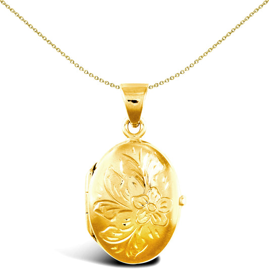 Ladies 9ct Gold  Engraved Flower Oval Locket Pendant - JLC113