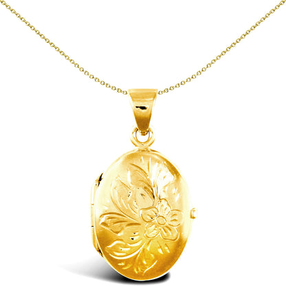 Ladies 9ct Gold  Engraved Flower Oval Locket Pendant - JLC113