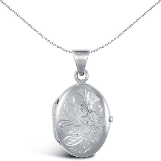 Ladies 9ct White Gold  Engraved Flower Oval Locket Pendant - JLC114