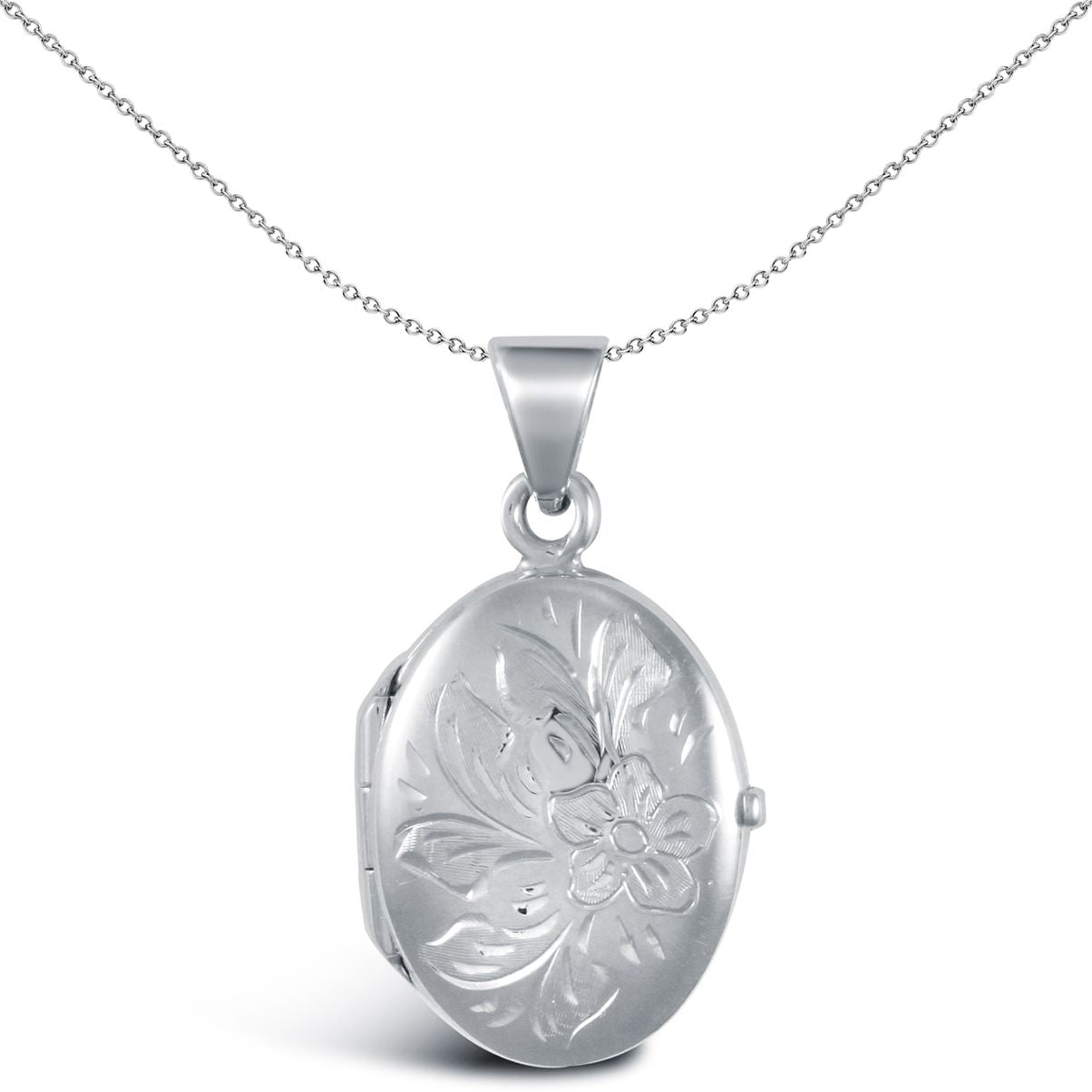 Ladies 9ct White Gold  Engraved Flower Oval Locket Pendant - JLC114