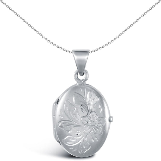 Ladies 9ct White Gold  Engraved Flower Oval Locket Pendant - JLC114