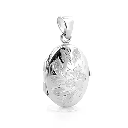 Ladies 9ct White Gold  Engraved Flower Oval Locket Pendant - JLC114