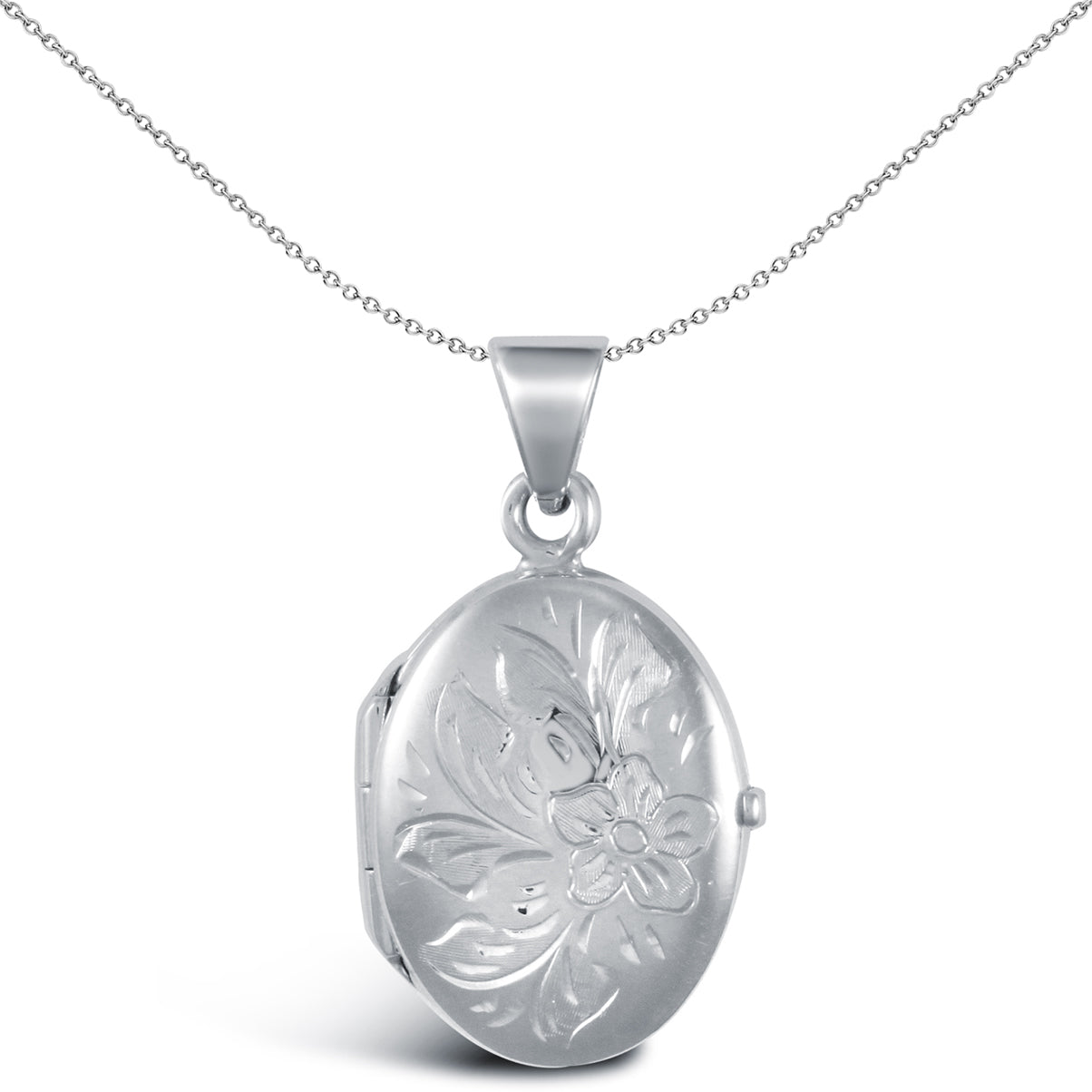 Ladies 9ct White Gold  Engraved Flower Oval Locket Pendant - JLC114