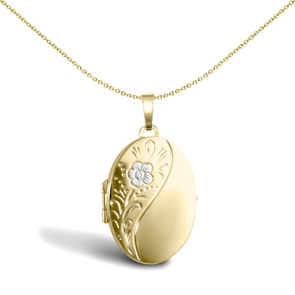 9ct 2-Colour Gold  Engraved Flower Oval Locket Pendant - JLC125