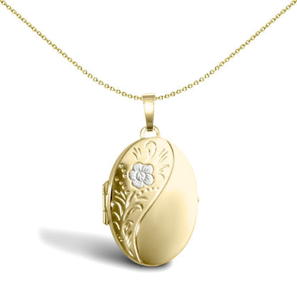 9ct 2-Colour Gold  Engraved Flower Oval Locket Pendant - JLC125