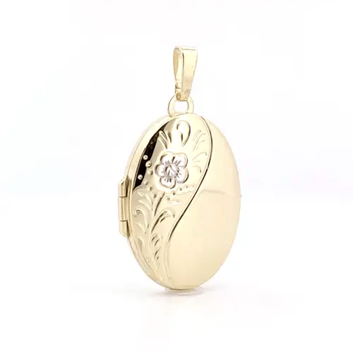 9ct 2-Colour Gold  Engraved Flower Oval Locket Pendant - JLC125