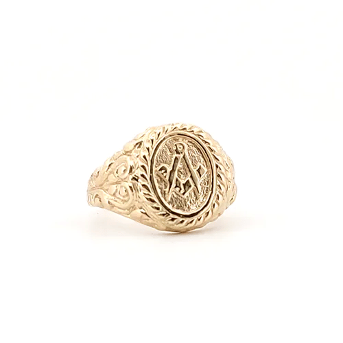 Mens Solid 9ct Gold  Rope Edge Carved Oval Masonic Ring - JMS014