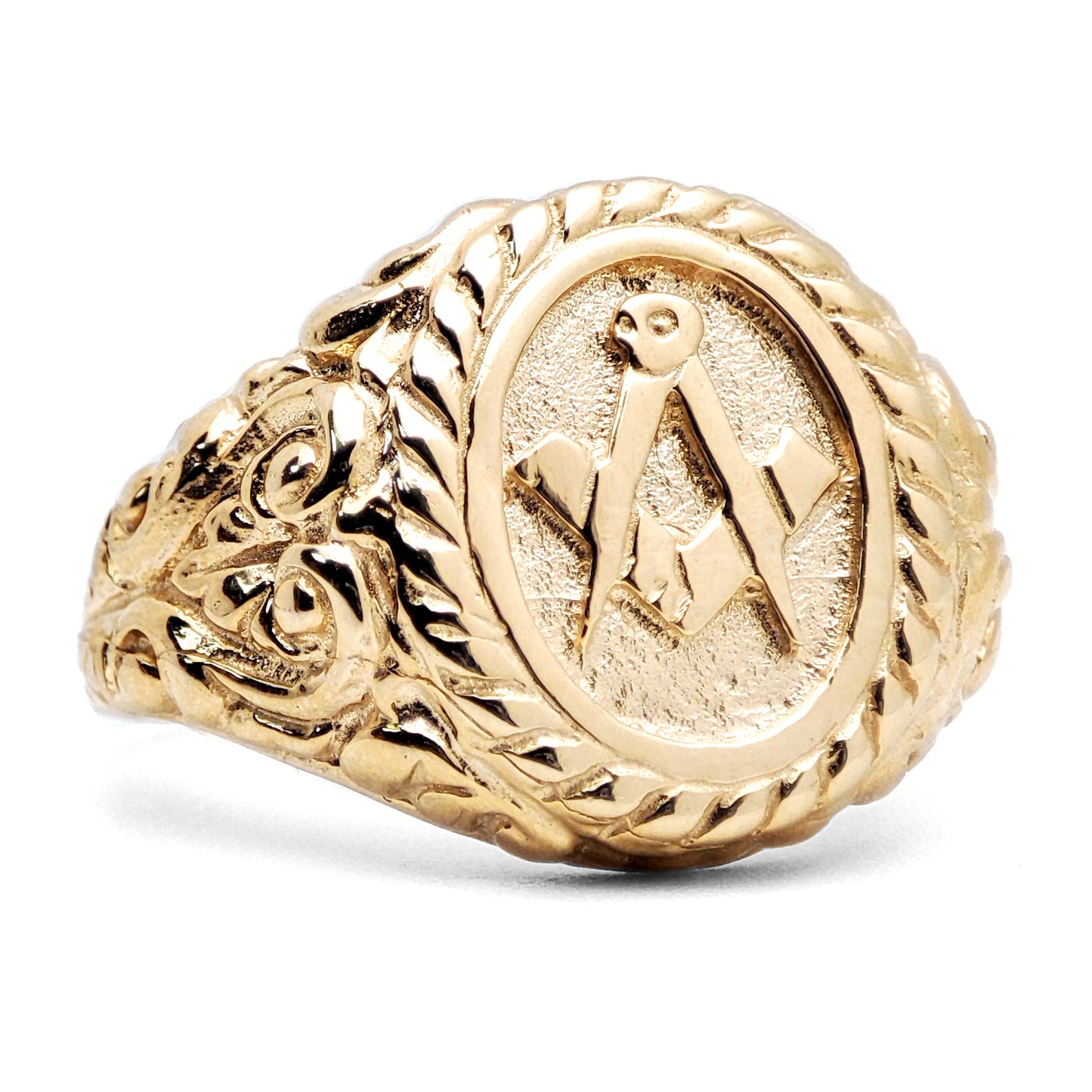 Mens Solid 9ct Gold  Rope Edge Carved Oval Masonic Ring - JMS014