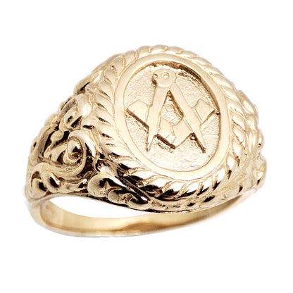Mens Solid 9ct Gold  Rope Edge Carved Oval Masonic Ring - JMS014