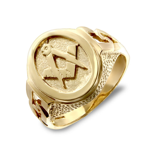 Mens Solid 9ct Gold  Curb Links Oval Masonic Ring - JMS015