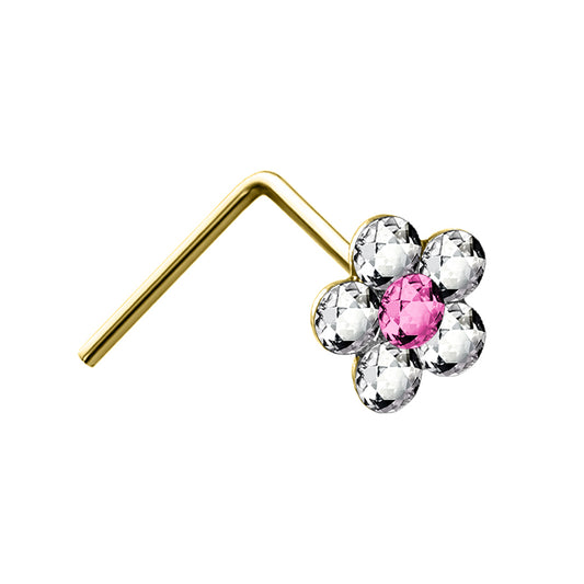 9ct Gold  Pink and White Crystal Daisy Flower Nose Stud 4mm - JNS061